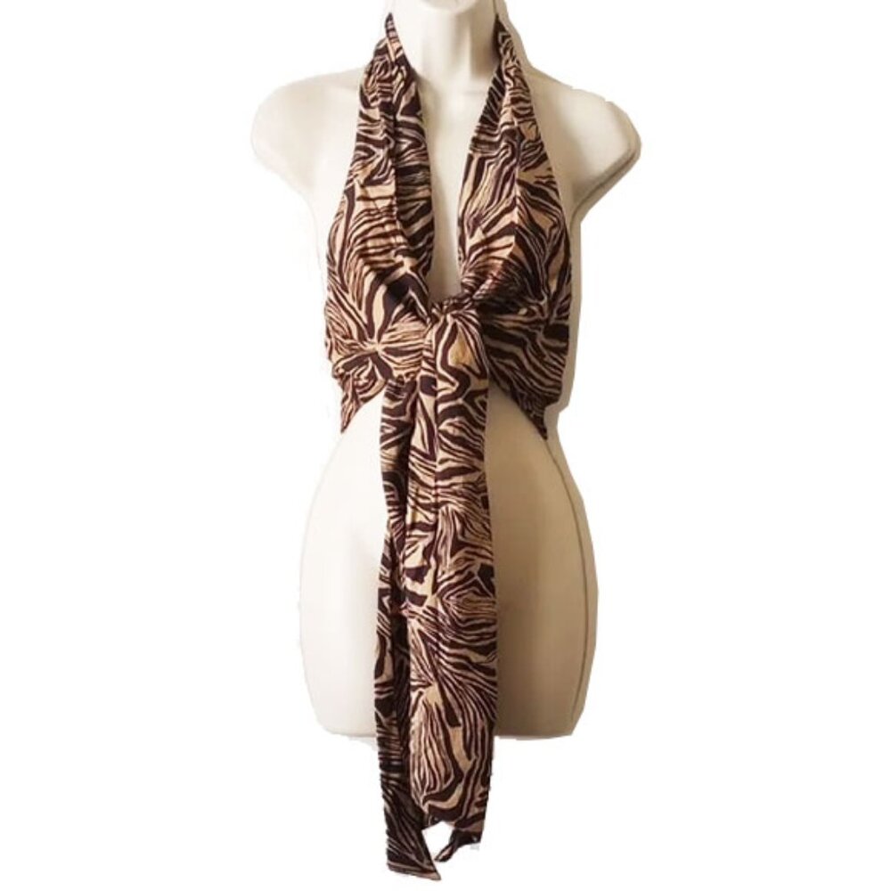 L'Academie The Aeris Top M Silk Cotton Wrap Tan Black Zebra Animal Lined